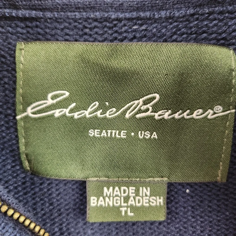 Eddie Bauer‎ Mens Sweater Large Tall Navy Blue Yellow 1/4 Zip Pullover Preppy